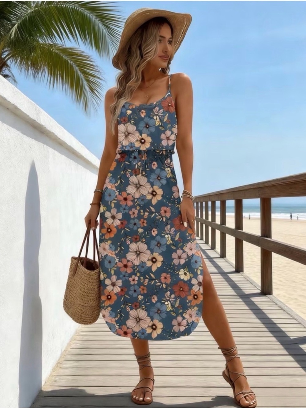 Sleeveless Floral Midi Dress in Dusty Blue -  Spaghetti Strap